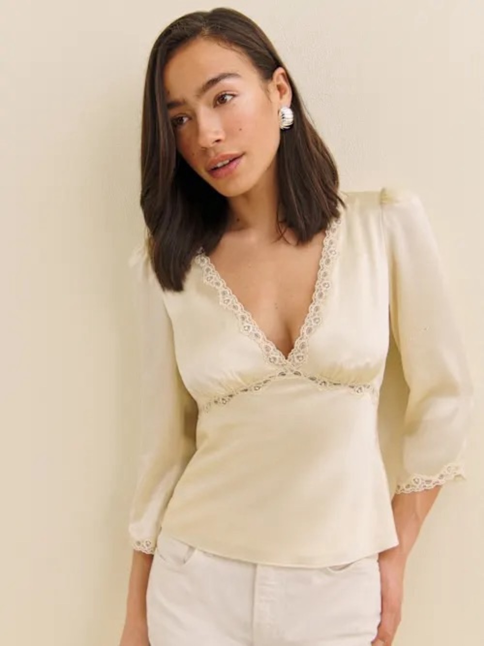 Reformation Yellow Lace-Trim Satin Top